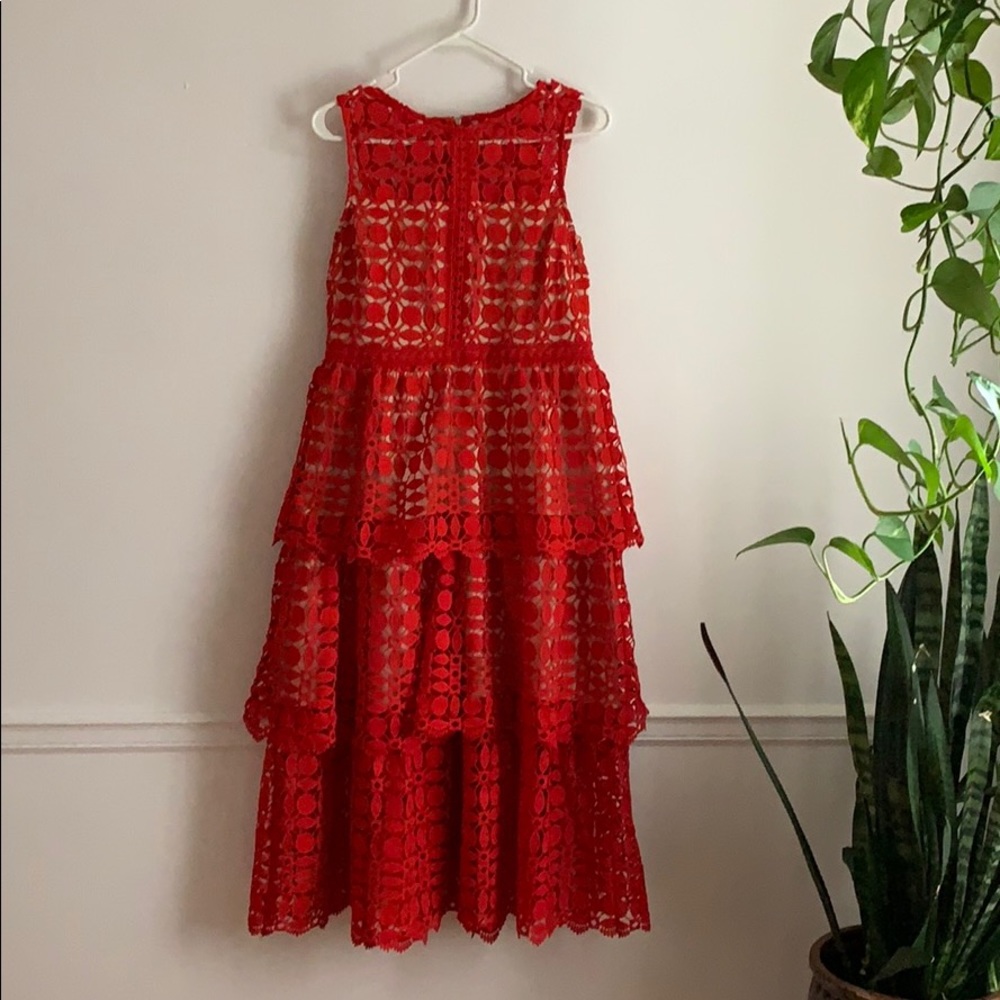 LULUs red lace tiered midi dress SHOWSTOPPER
